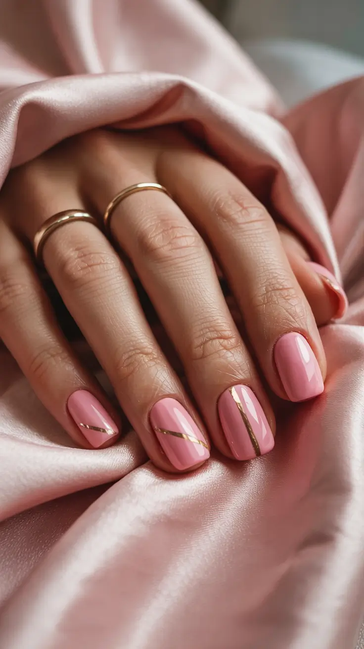 winter Manicure Color ideas Blush Pink with Sleek Gold Stripes