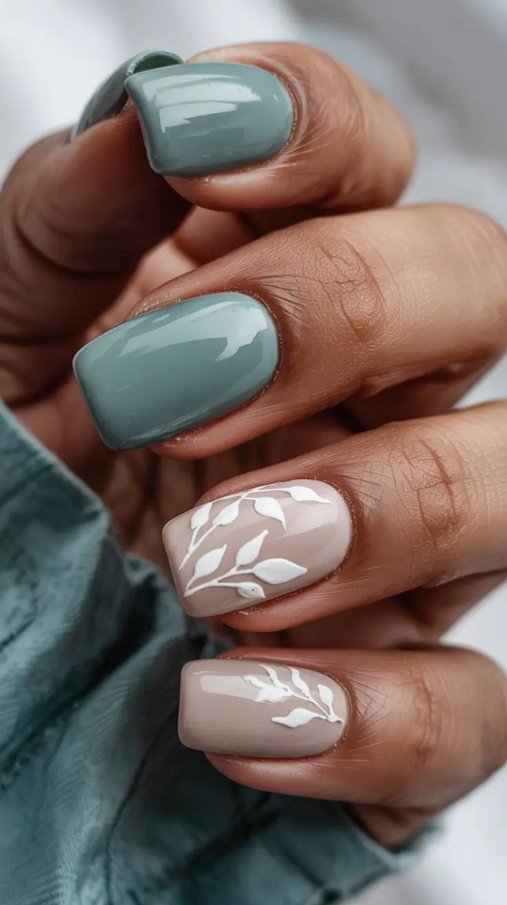 winter Manicure Color ideas Sage Mist with Porcelain Leaves