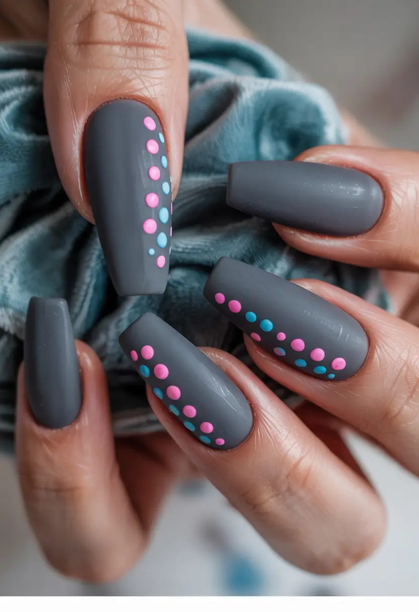 winter Manicure Color ideas Charcoal Matte with Candy Dots