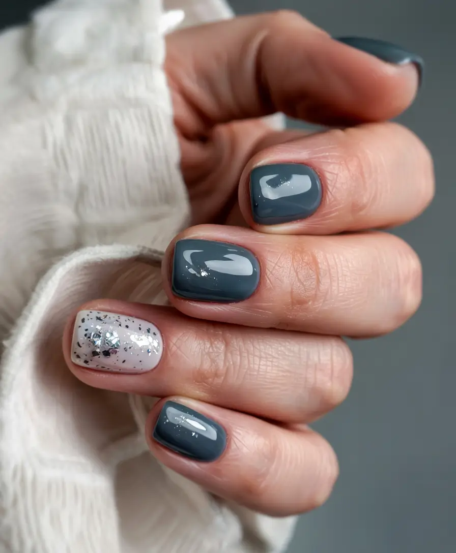 winter Manicure Color ideas Stormy Slate with Speckled Accent