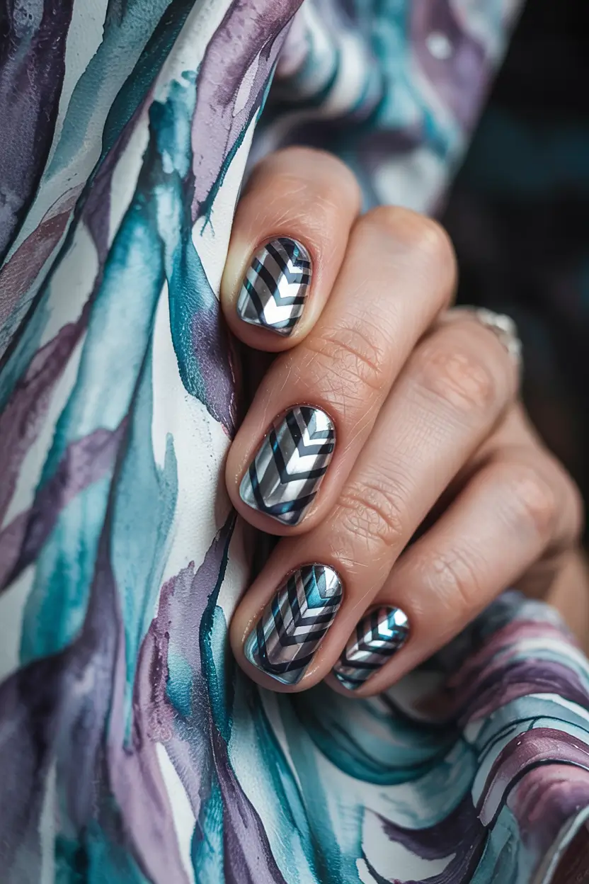 winter Manicure Color ideas Futuristic Metallic Chevron