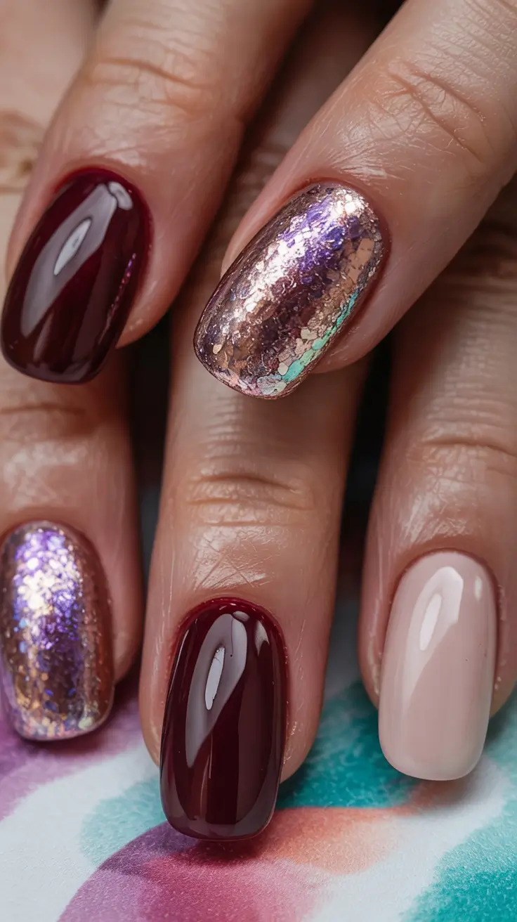 winter Manicure Color ideas Garnet Depth with Foil Reflections