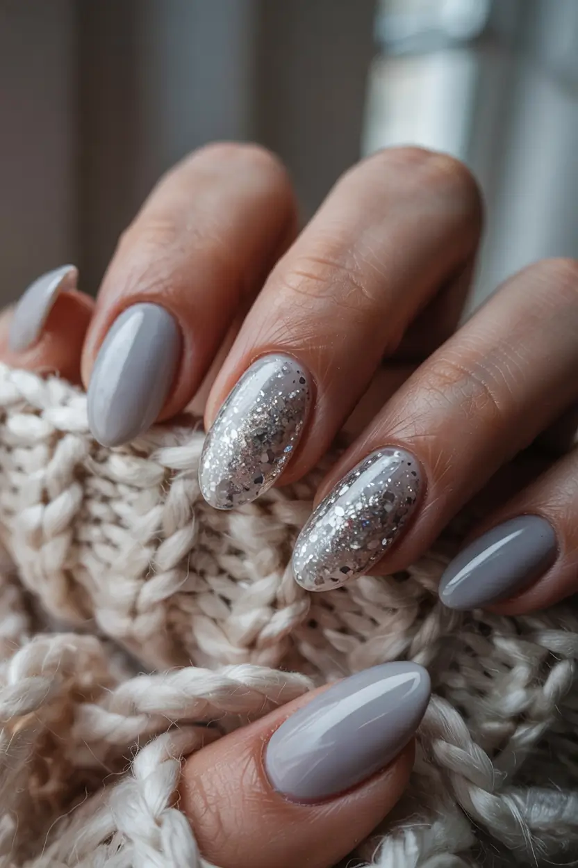 winter Manicure Color ideas Silver Glitter on Smoky Gray