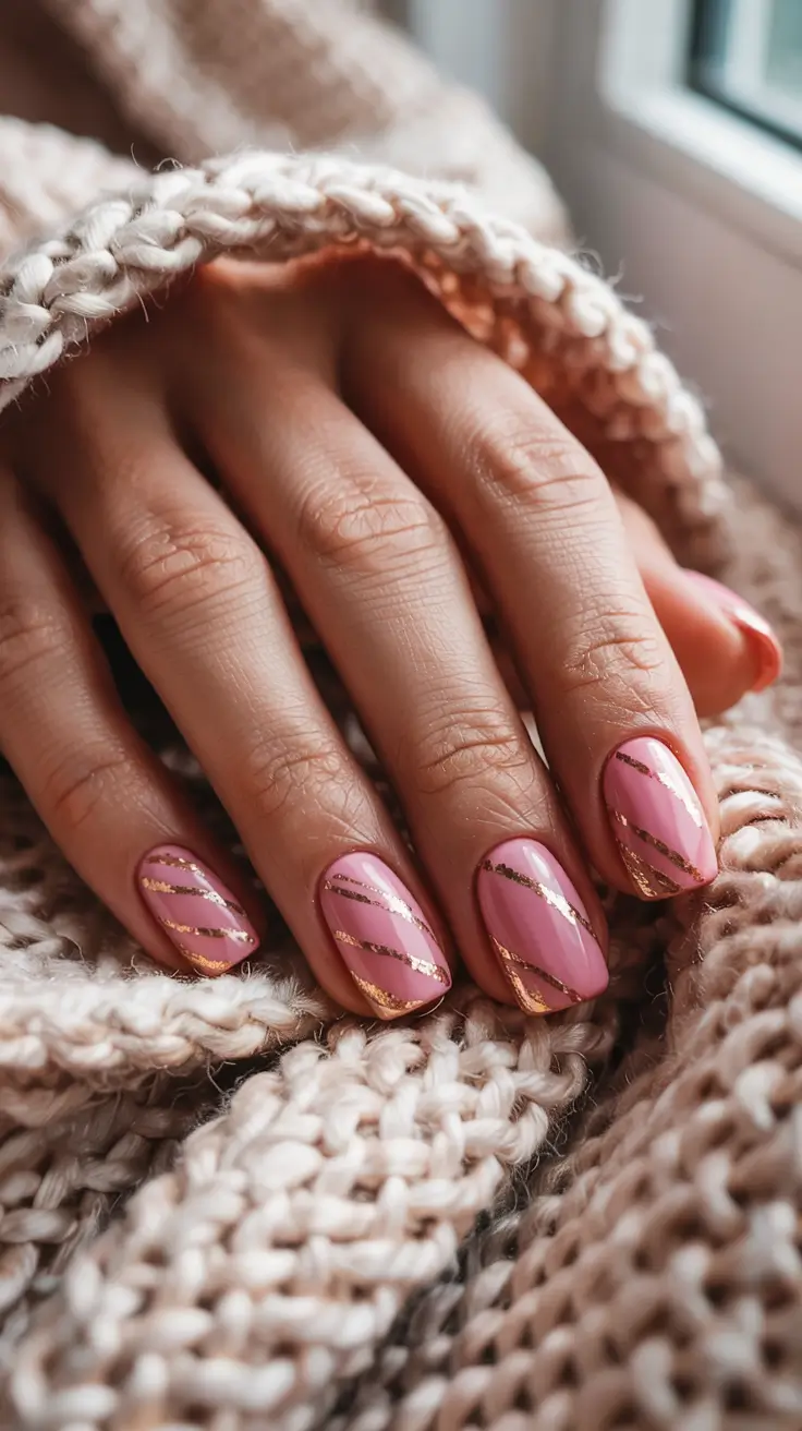 winter Manicure Color ideas Rosewood Stripes with Golden Glints