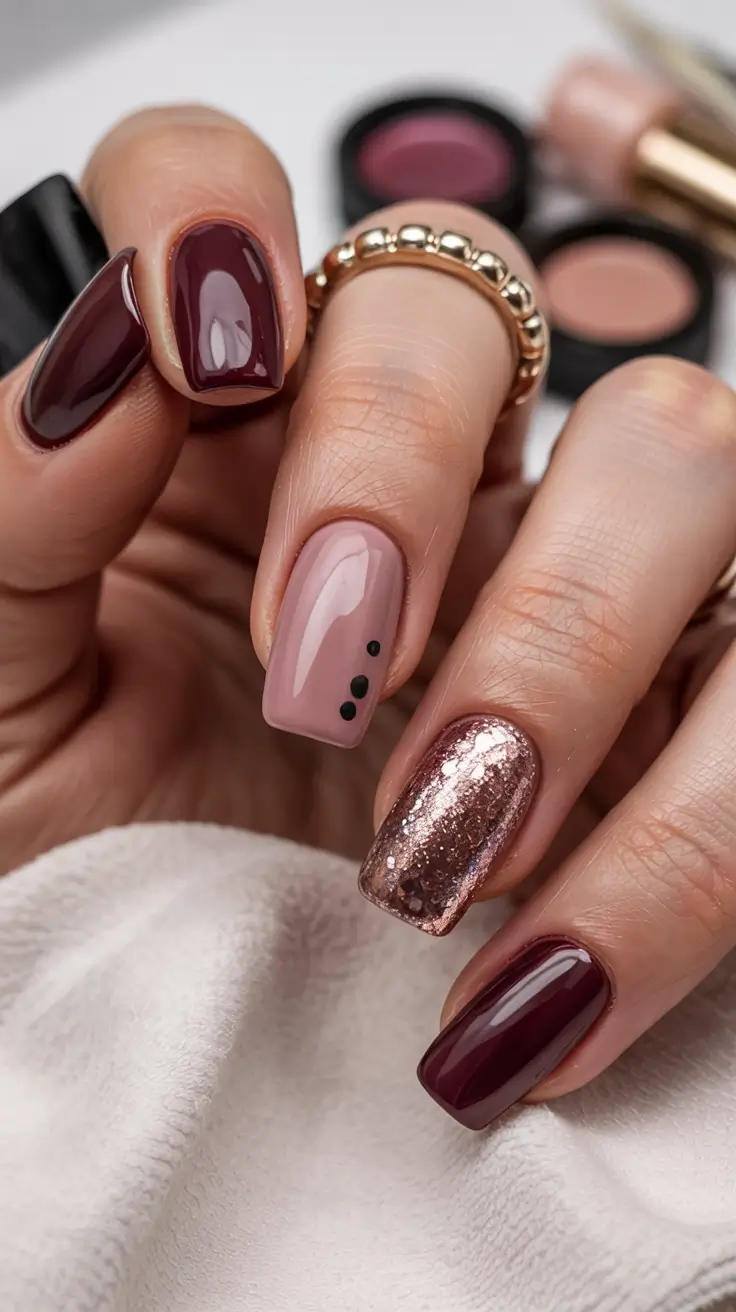 winter manicure ideas Deep Burgundy and Rose Gold Sparkle