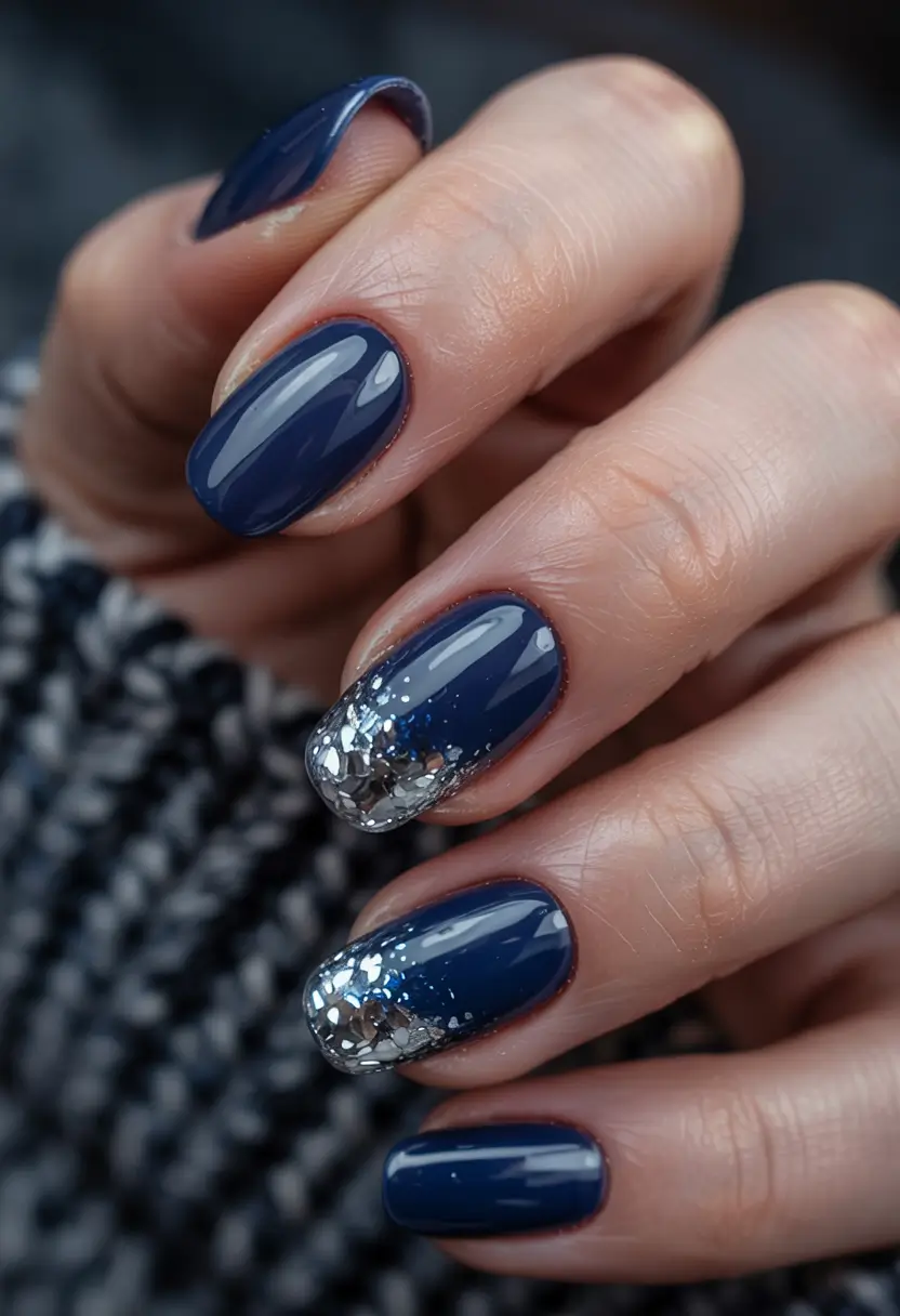 winter manicure ideas Midnight Blue with Glitter Accents