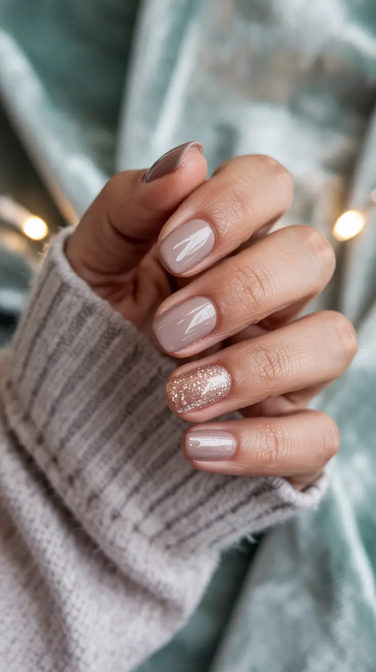 winter manicure ideas Subtle Nude Sparkle for Everyday Winter
