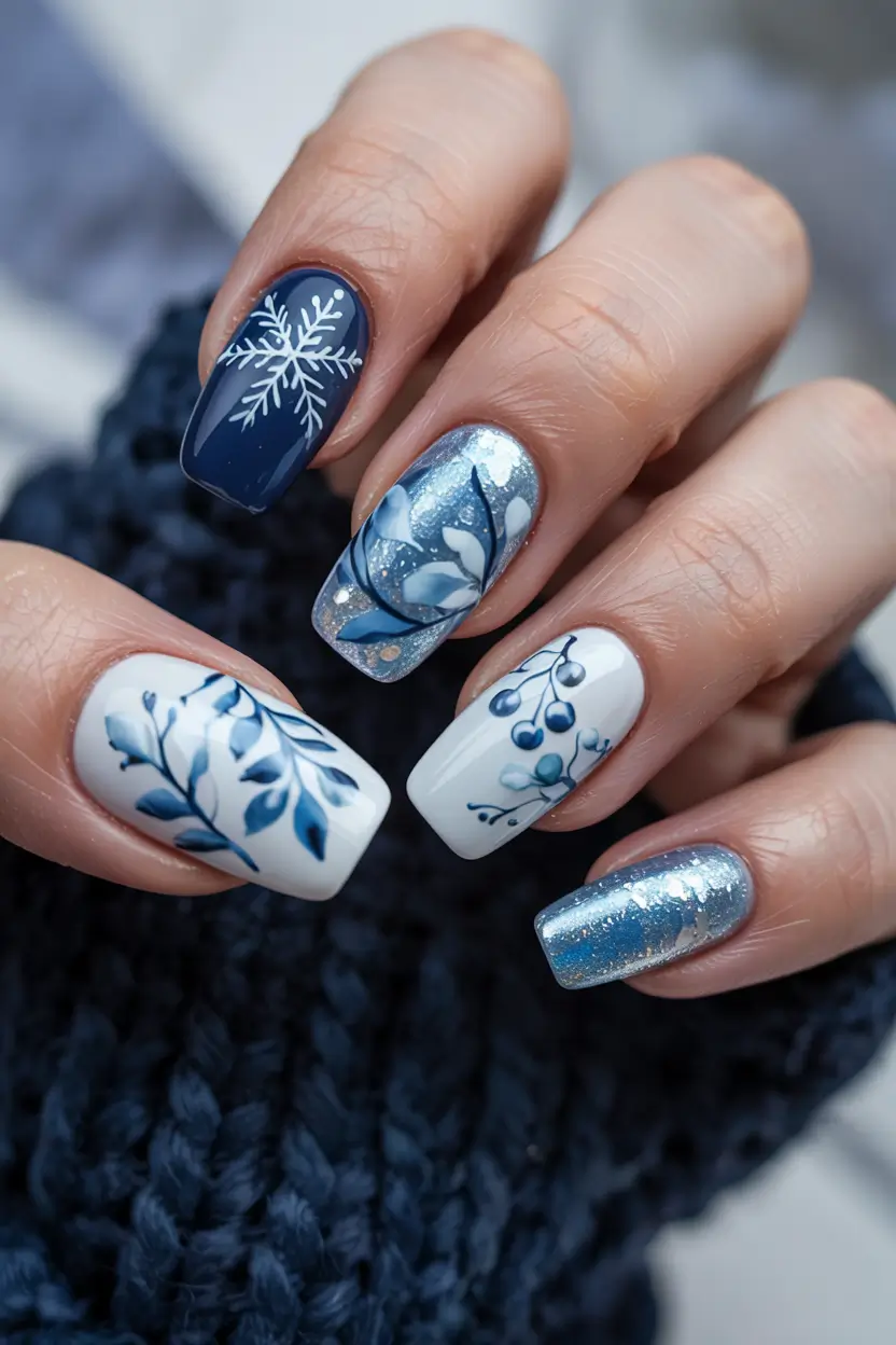 winter manicure ideas Winter Botanicals in Blue and White