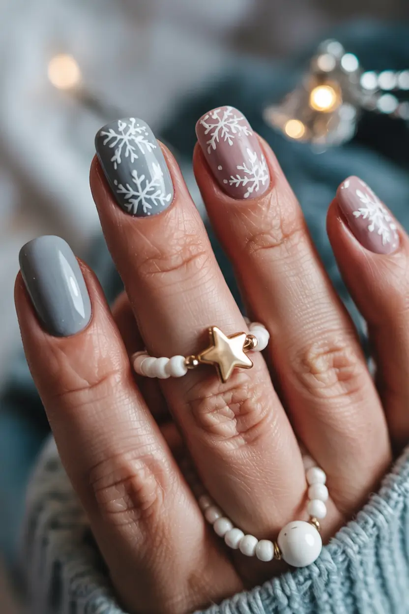winter manicure ideas Snowflake Charm in Muted Tones
