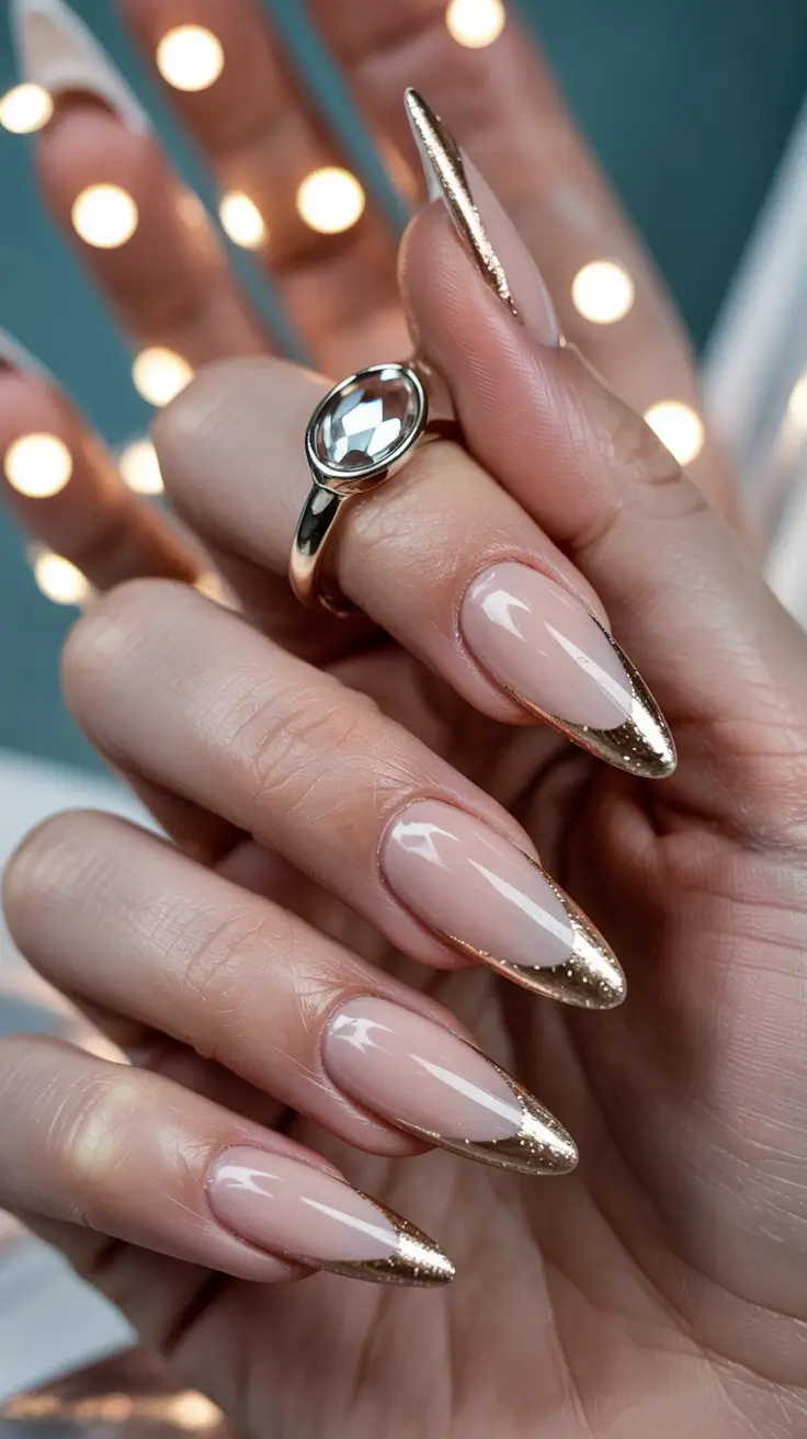winter manicure ideas Golden French Tips with a Sharp Edge