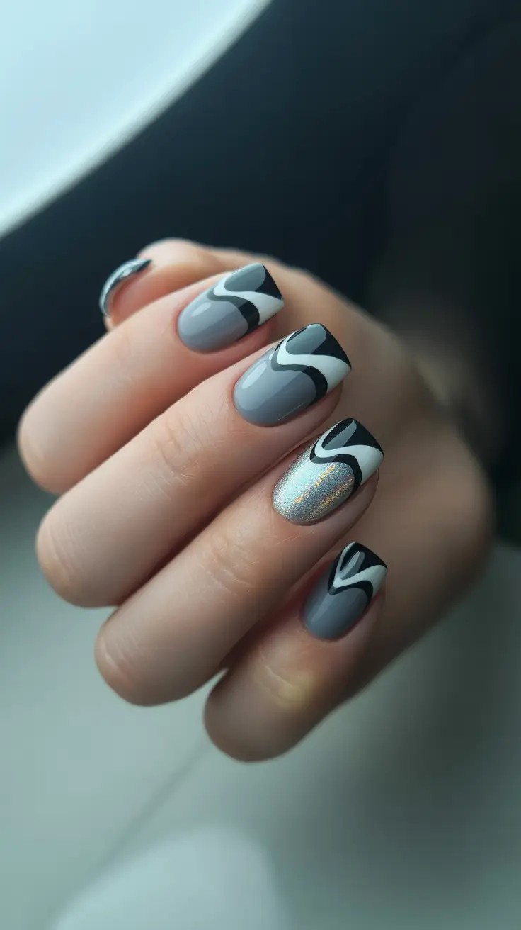 winter nails design and color Monochrome Mirage Silver and Smoke Waves