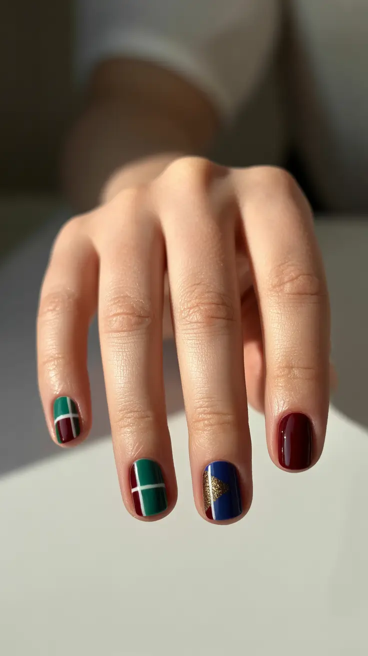 winter nails design and color Holiday Geometry Red Green and Gold Elegance