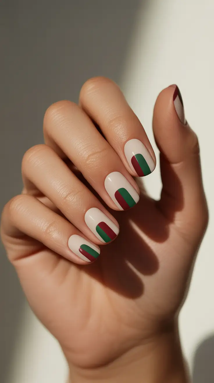 winter nails design and color Velvet Stripes Green and Burgundy Symmetry