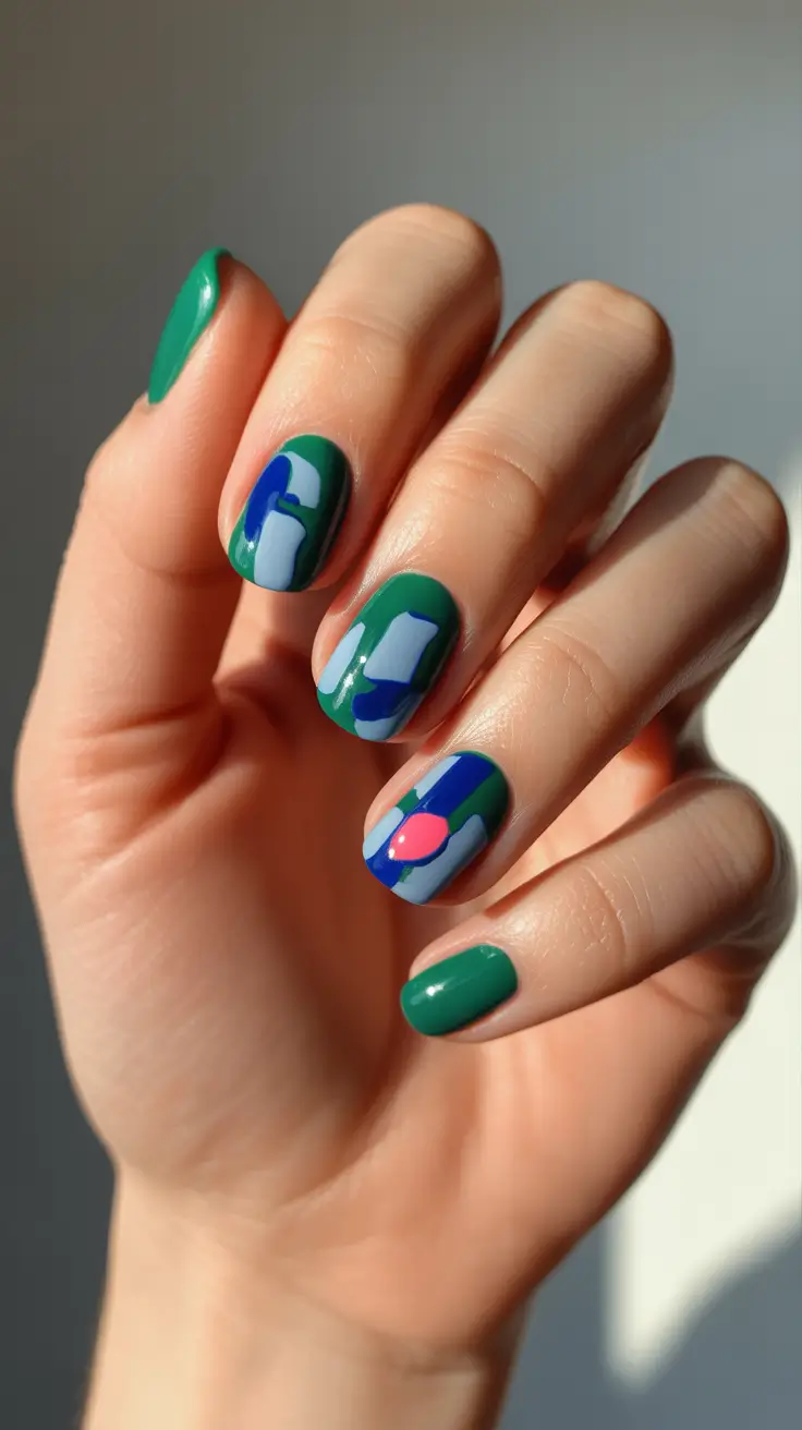 winter nails design and color Modern Art Energy Green Blue and Coral Fusion