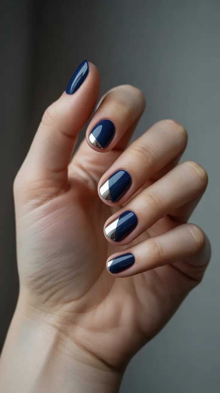 winter nails inspo 2025-2026 Midnight Elegance with Silver Edges
