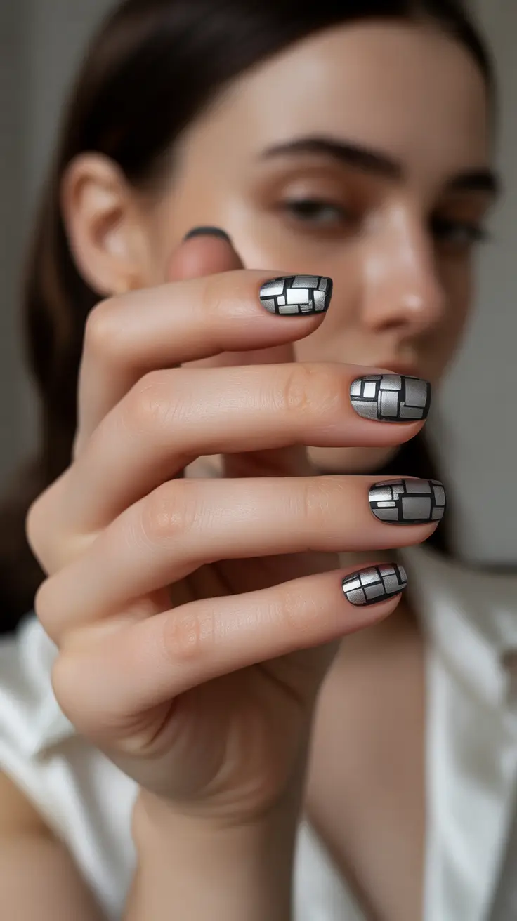 winter nails inspo 2025-2026 Steel Grid Glam