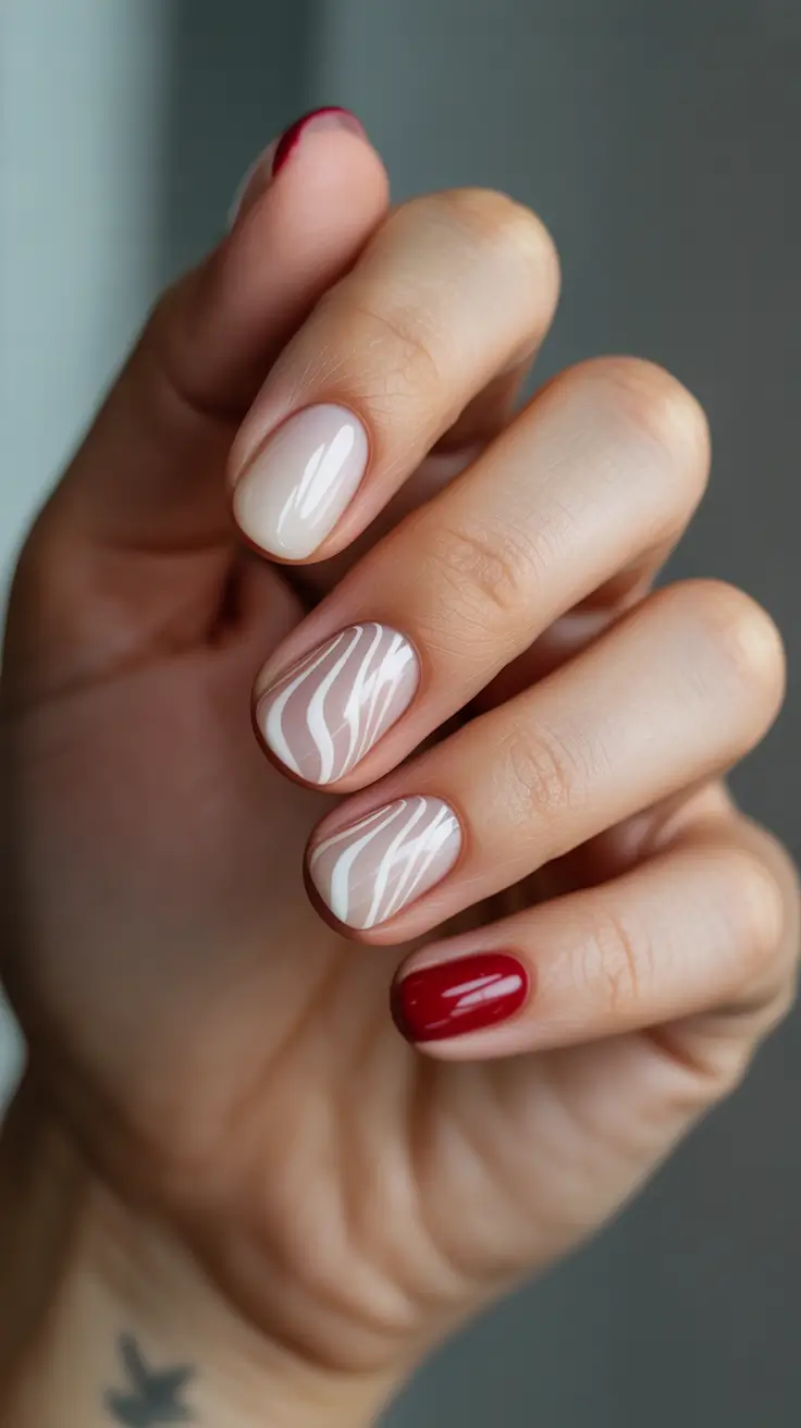 white christmas nails with red Red Accents on Creamy Neutrals