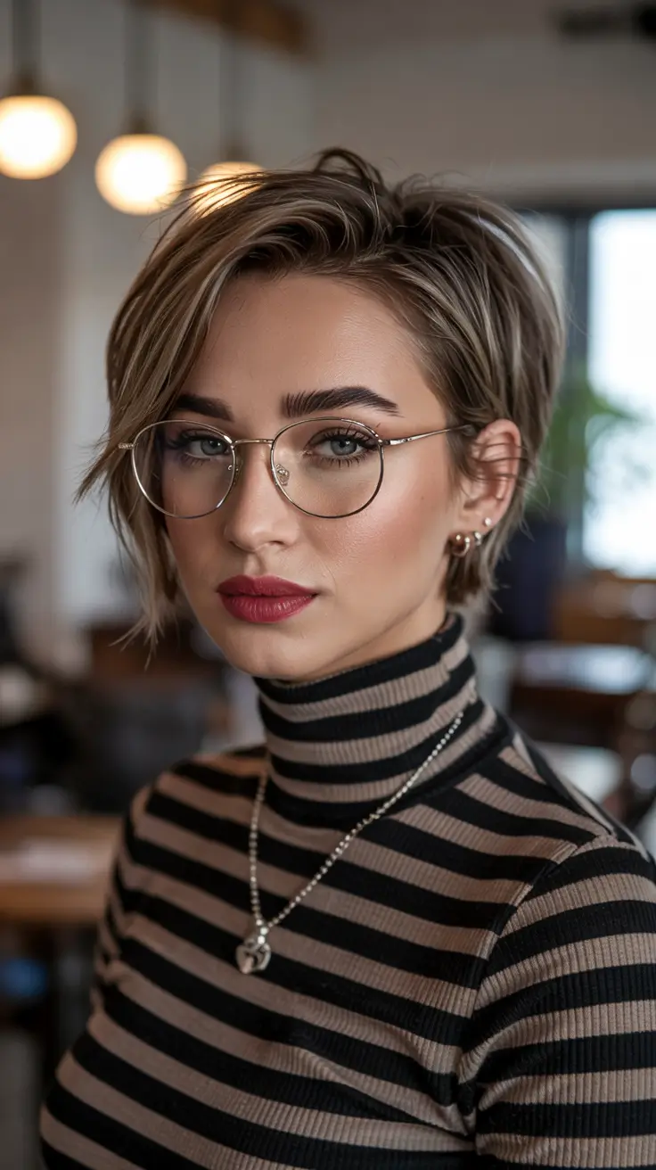 winter pixie haircuts 2025 - 2026 Striped Turtleneck Elegance with Layered Pixie Movement