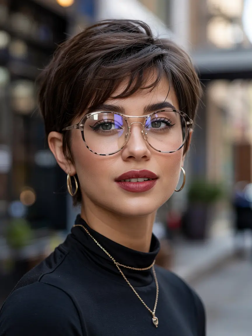 winter pixie haircuts 2025 - 2026 Classic Brunette Pixie with Refined Bangs