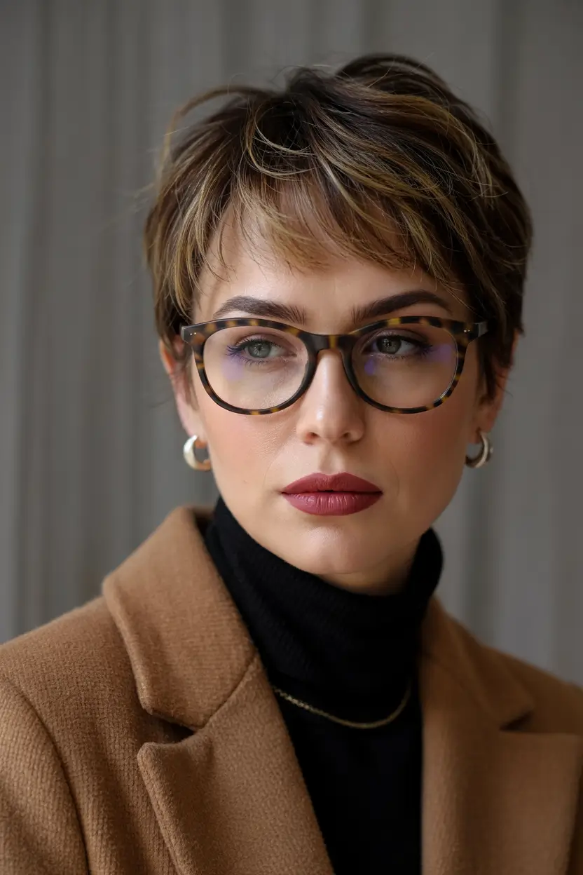 winter pixie haircuts 2025 - 2026 Warm Brunette Pixie with Soft Bang Detailing