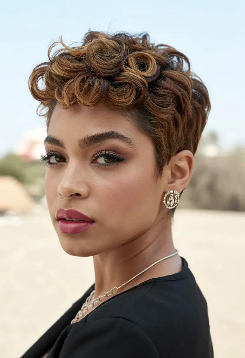 winter pixie haircuts 2025 - 2026 Caramel Ripple Pixie with Sculpted Curls