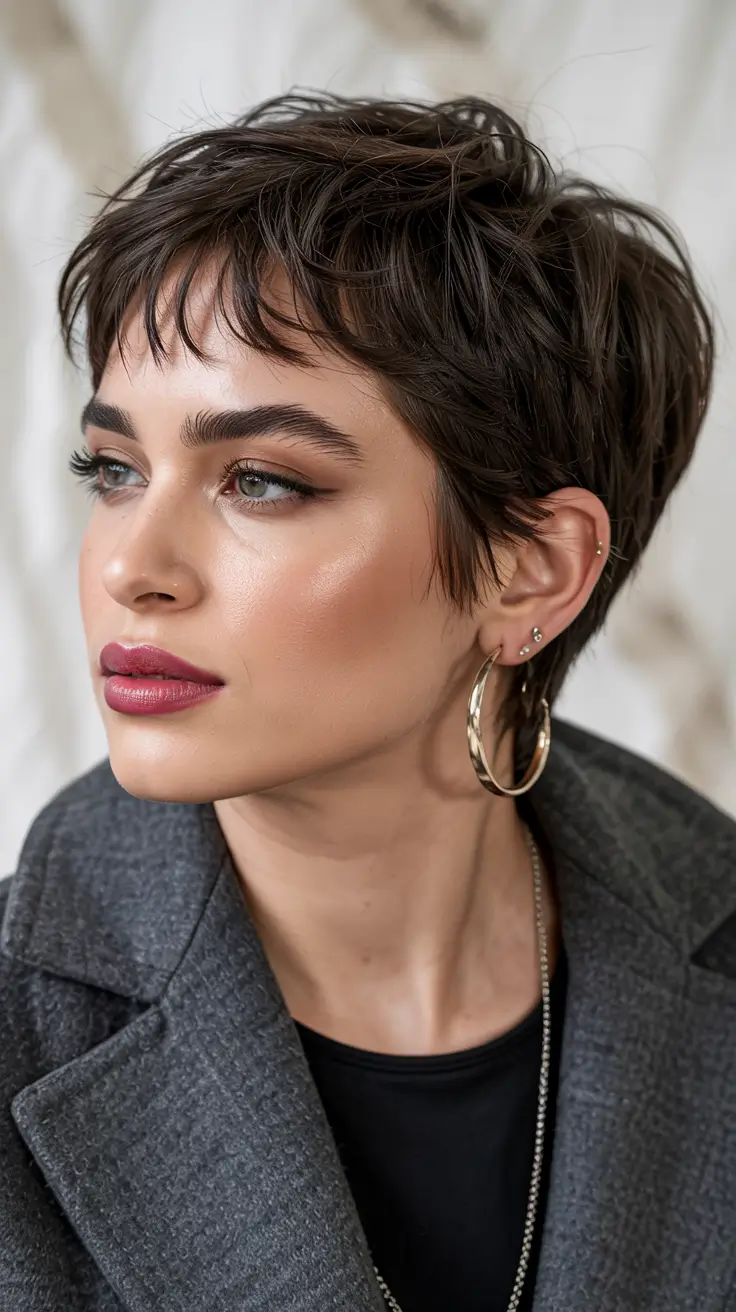 winter pixie haircuts 2025 - 2026 Textured Brunette Crop with Playful Bangs