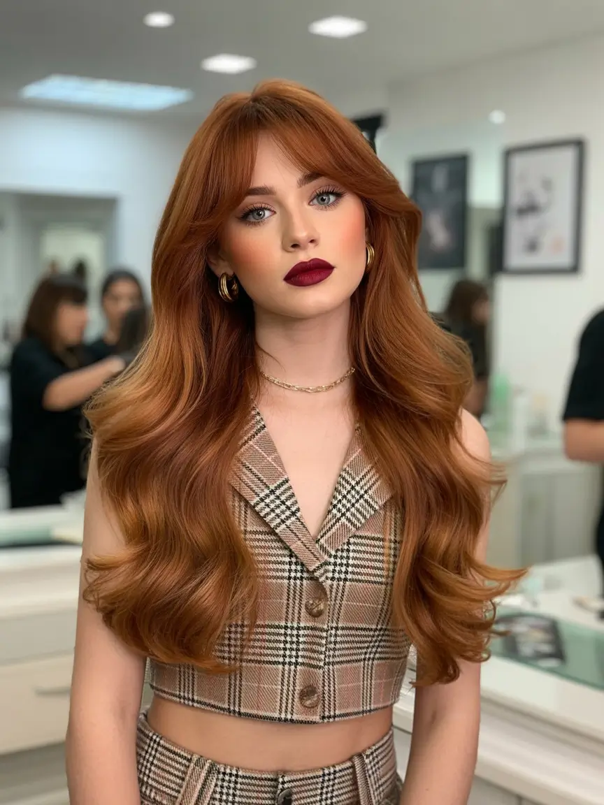 auburn hair color long flowing auburn curtain fringe