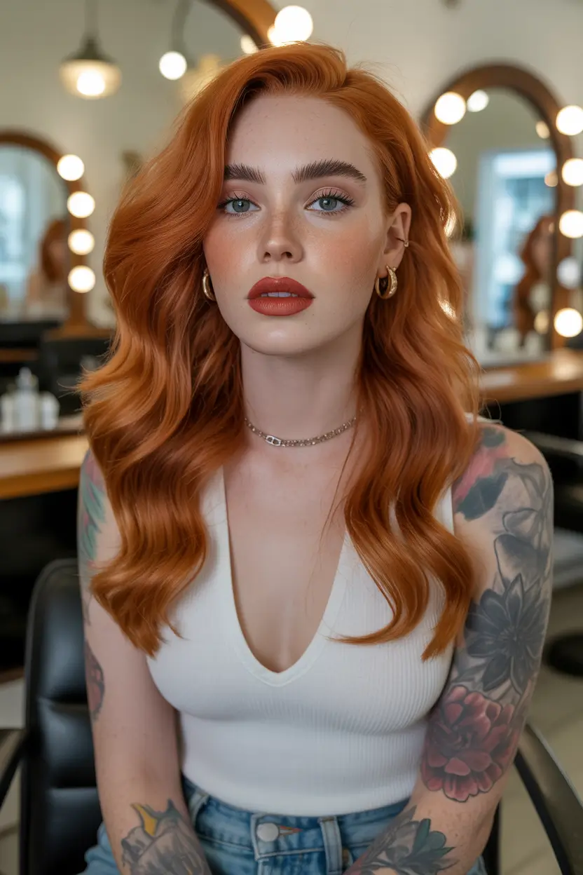 auburn hair color glossy salon waves vivid copper red