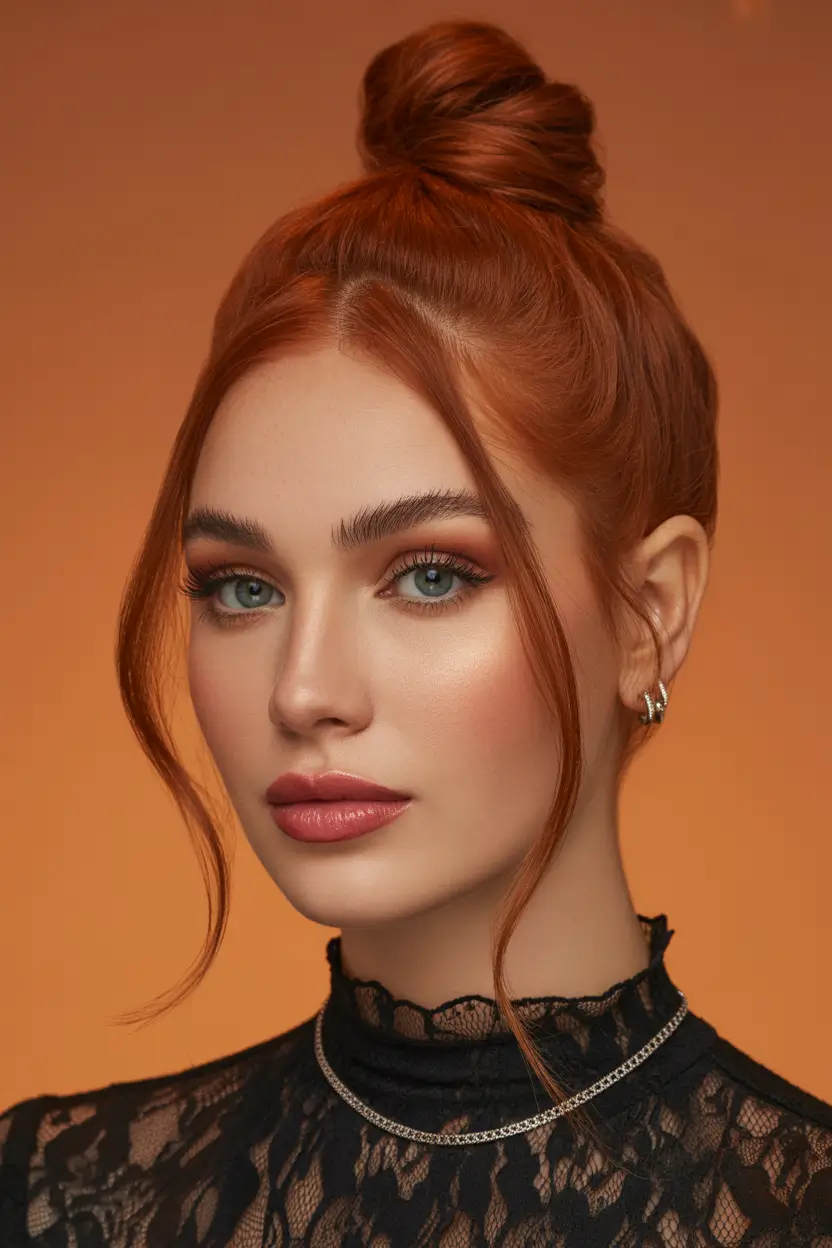 auburn hair color high bun sleek copper warmth