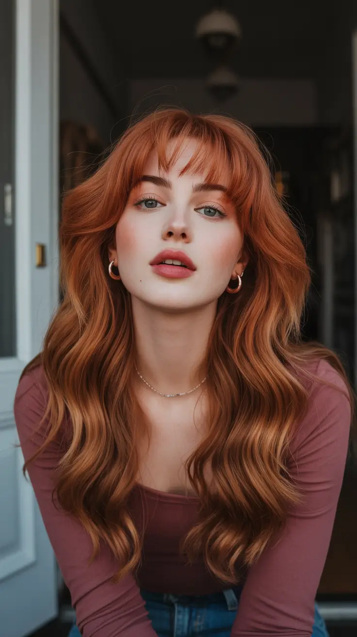 auburn hair color wispy fringe copper kissed waves