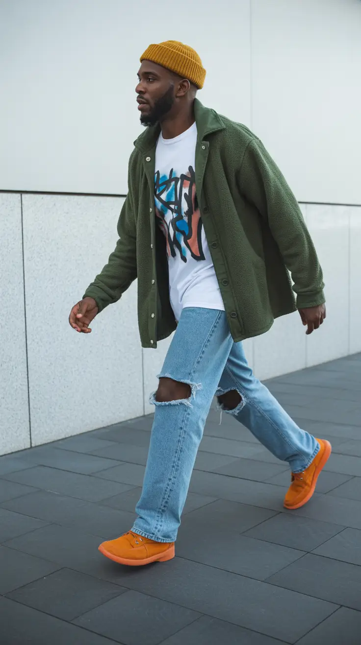 Best outfits for men 2026 Bold Color Pops in Urban Street Layers