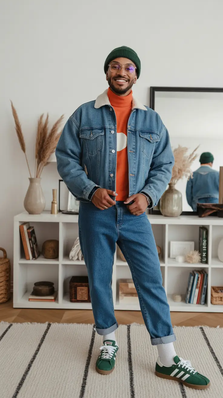 Best outfits for men 2026 Denim Warmth With Playful Color