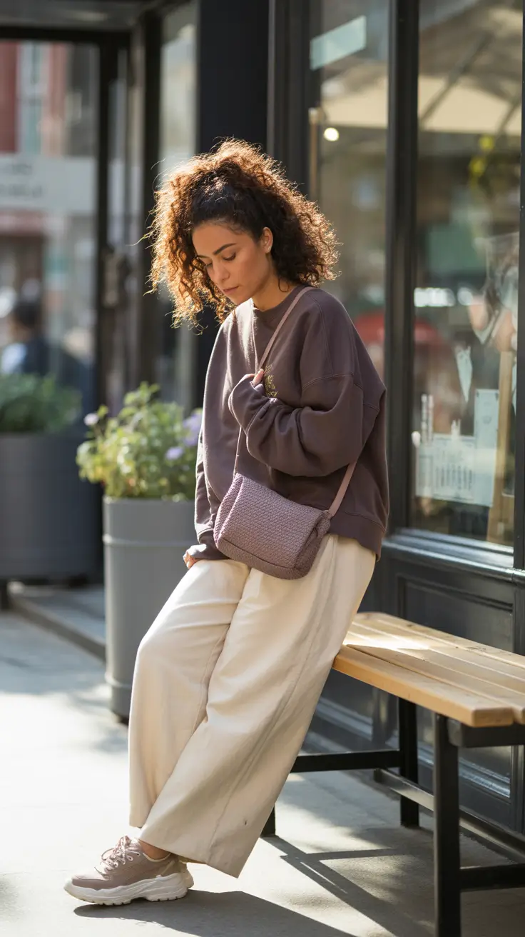 travel outfits 2026 soft neutrals oversized sweatshirt and wide leg pants