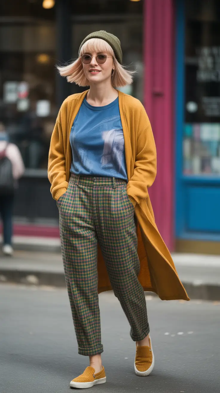 travel outfits 2026 colorful outfit mustard cardigan patterned pants