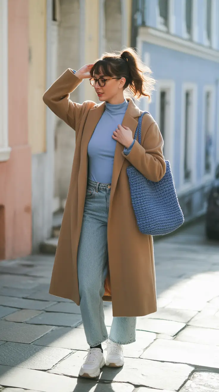 travel outfits 2026 camel coat blue turtleneck minimalist travel style