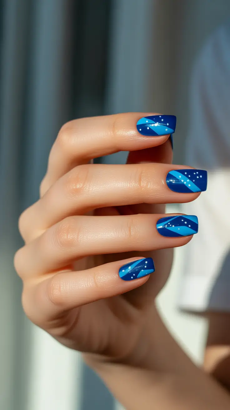 blue christmas nails ideas 2025 snowfall on sapphire