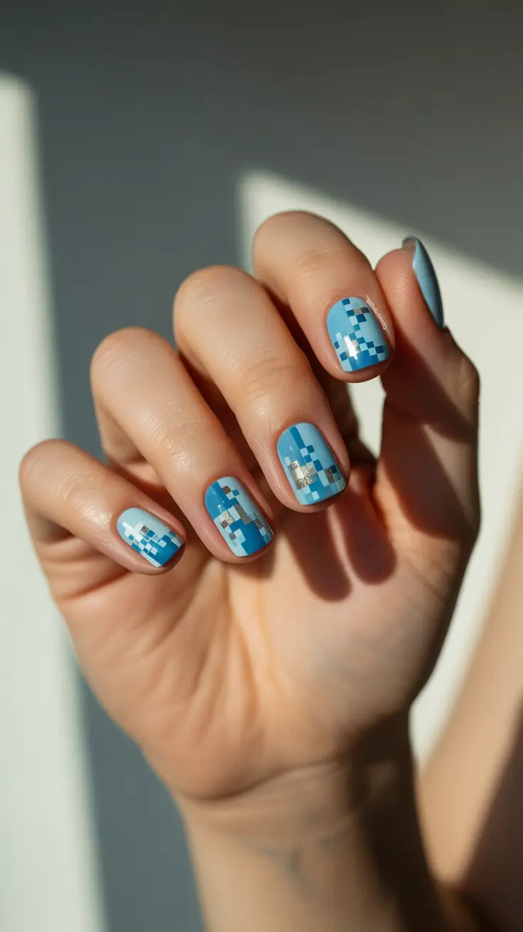 blue christmas nails ideas 2025 pixel snow chic