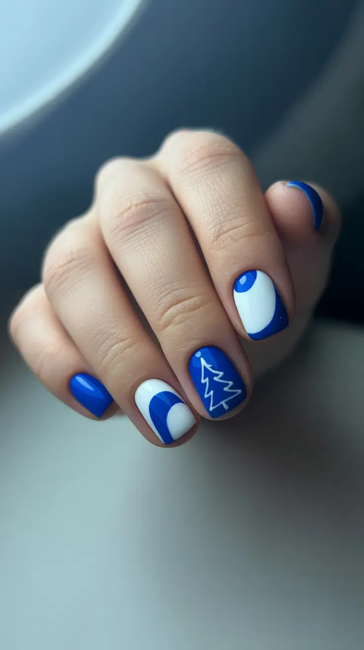 blue christmas nails ideas 2025 nordic blue tree