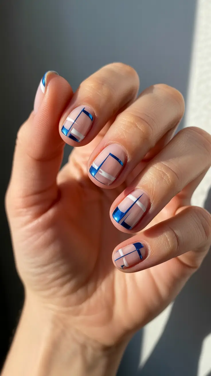 blue christmas nails ideas 2025 metallic edge lines