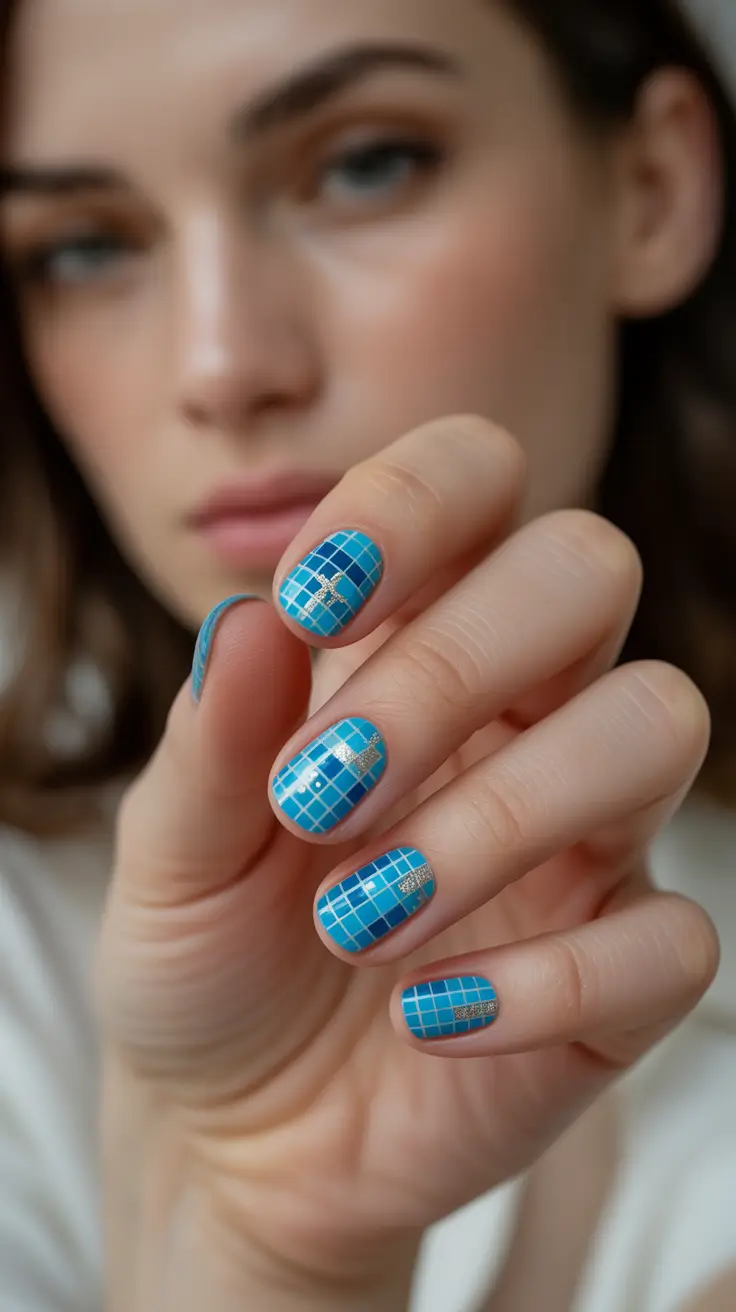 blue christmas nails ideas 2025 midnight grid with golden crosses