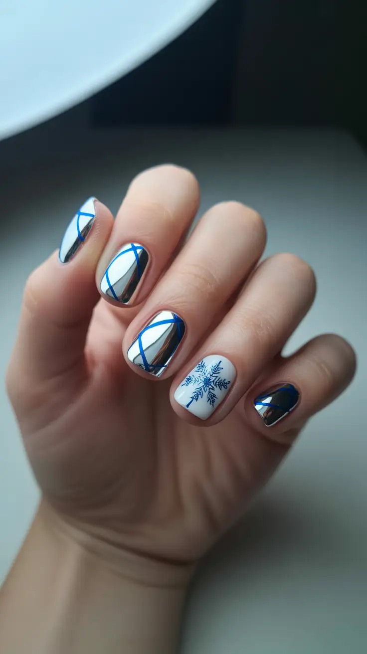 blue christmas nails ideas 2025 mirror chrome and snowflake whisper
