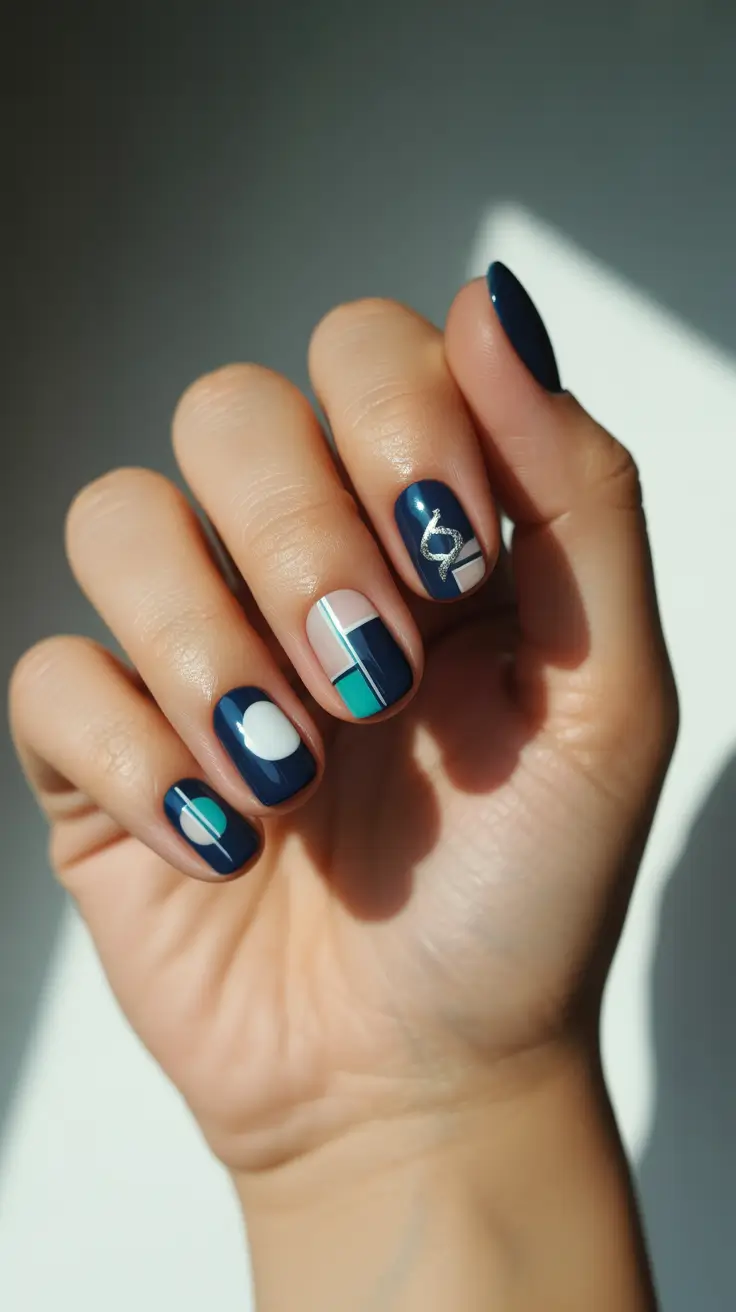 blue christmas nails ideas 2025 nordic blocks and silver thread