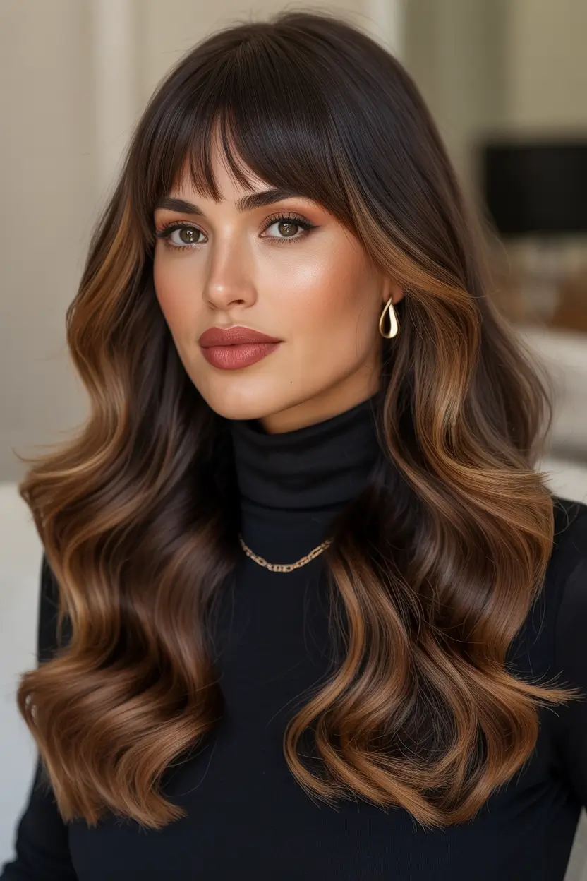 brown hair colors 2026 caramel curtain fringe