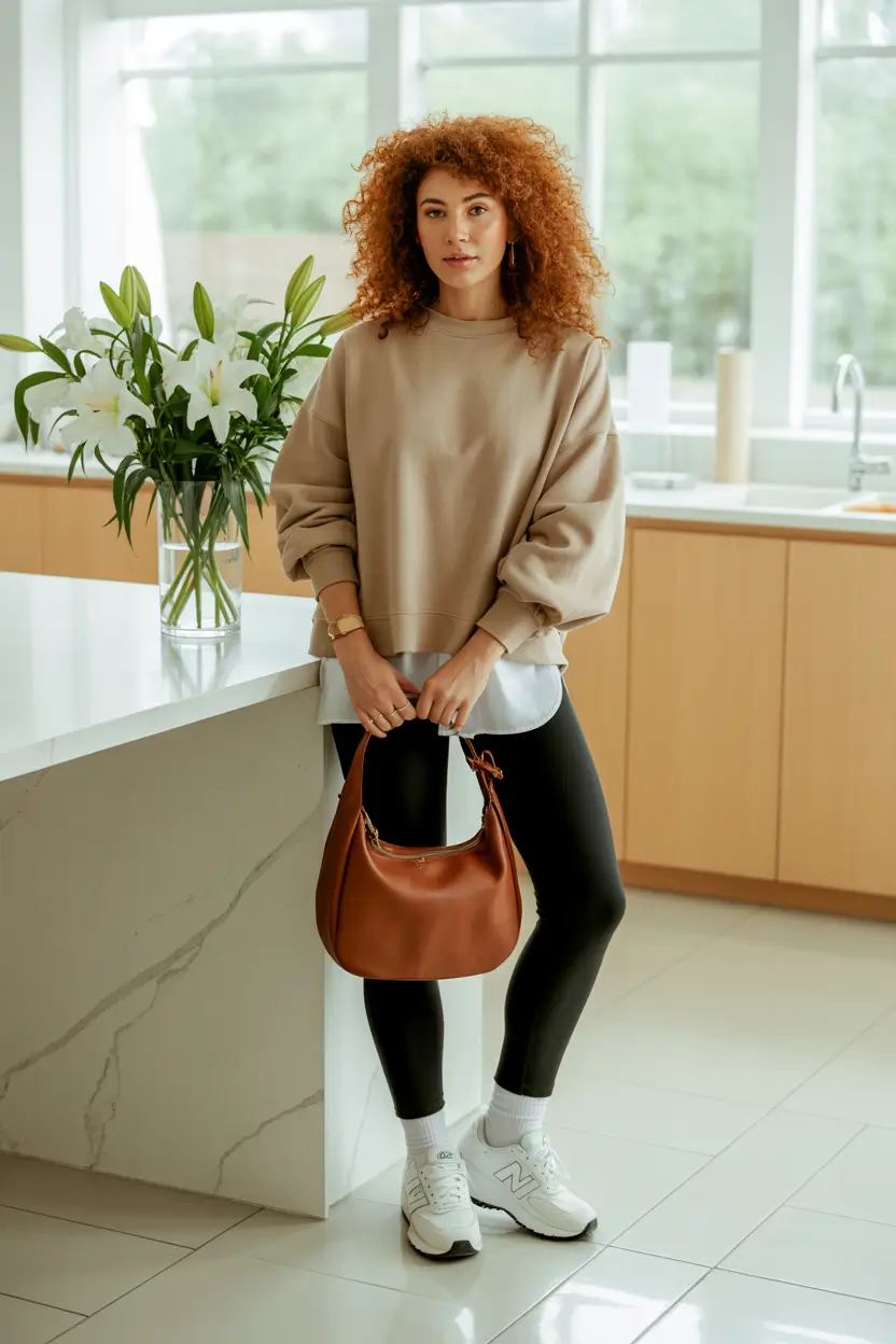 mom outfits Neutral Comfort with a Polished Twist