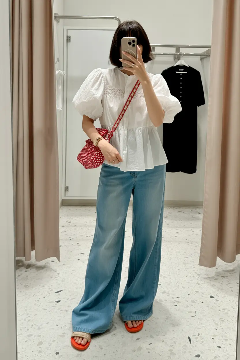 mom outfits Whimsical Denim and Puff-Sleeve Charm