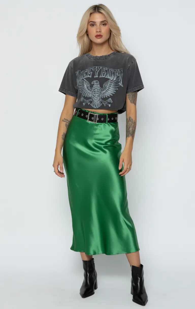 casual outfits for women 2026 Edgy Contrast - The Satin Skirt Meets the Graphic Tee