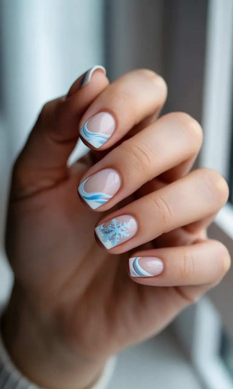 christmas french nails 2025 frosted snowflake elegance