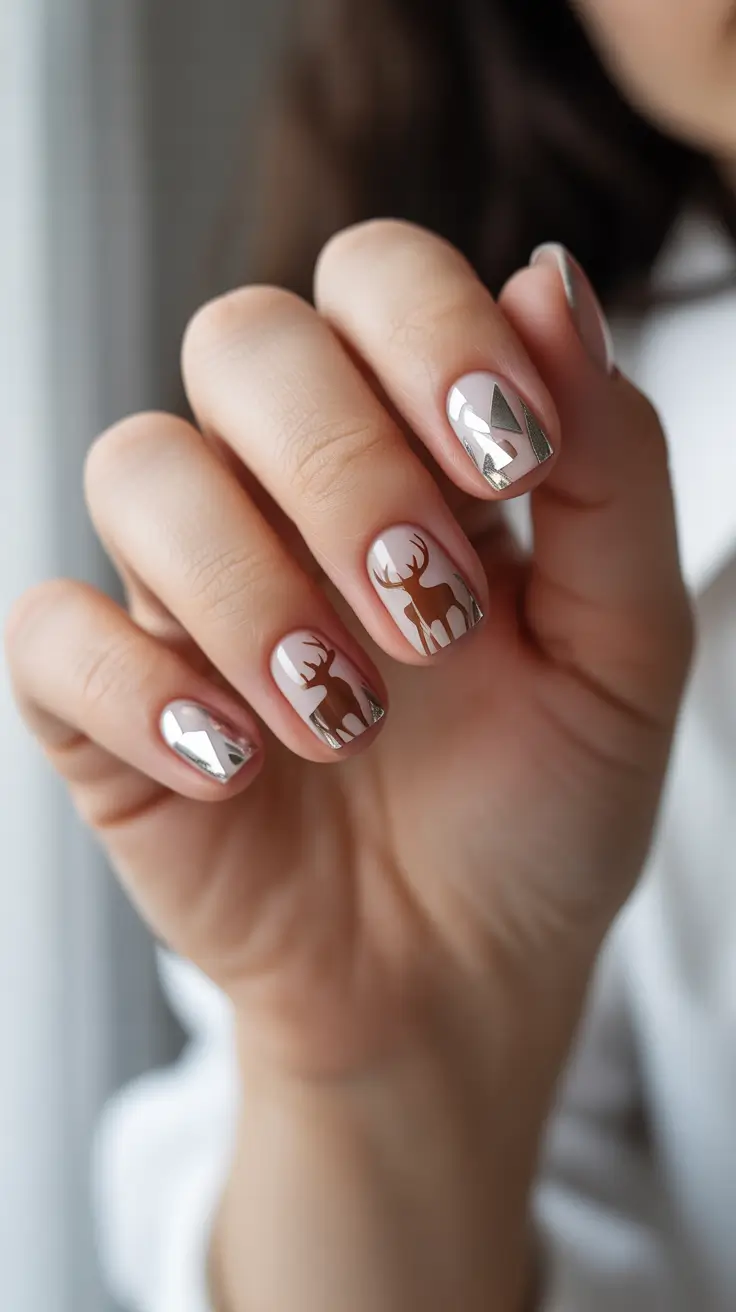 christmas gel nails 2025 golden reindeer elegance