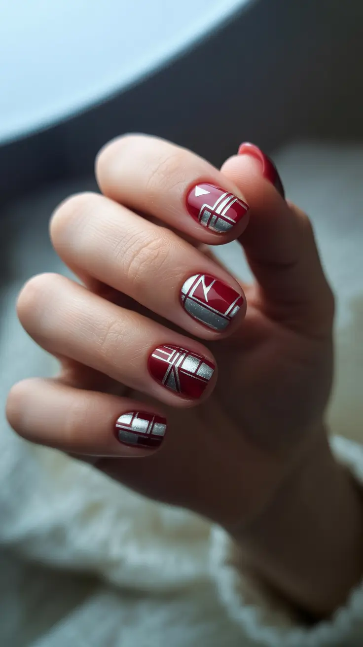 christmas gel nails 2025 red and silver geometry
