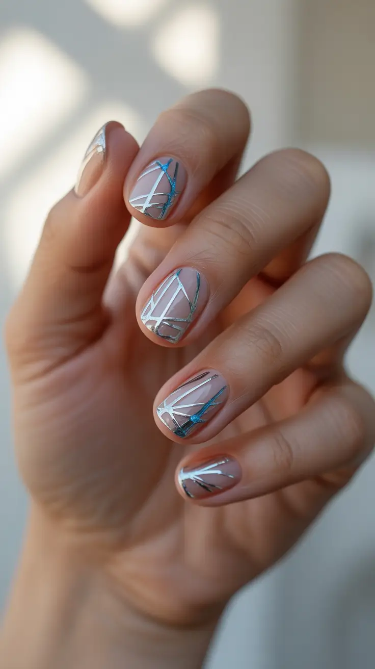 christmas gel nails 2025 frosted blue geometry